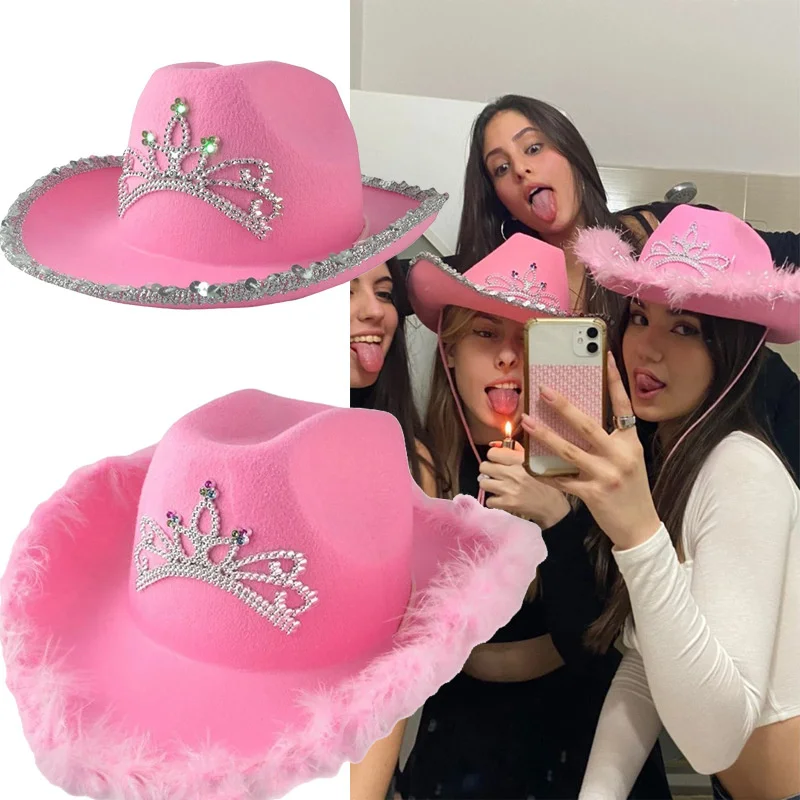 Women Pink West Cowgirl Hat Girls Tiara Feather Felt Western Sequin Cowboy Cap Costume Party Dress Jazz Caps Cosplay Props