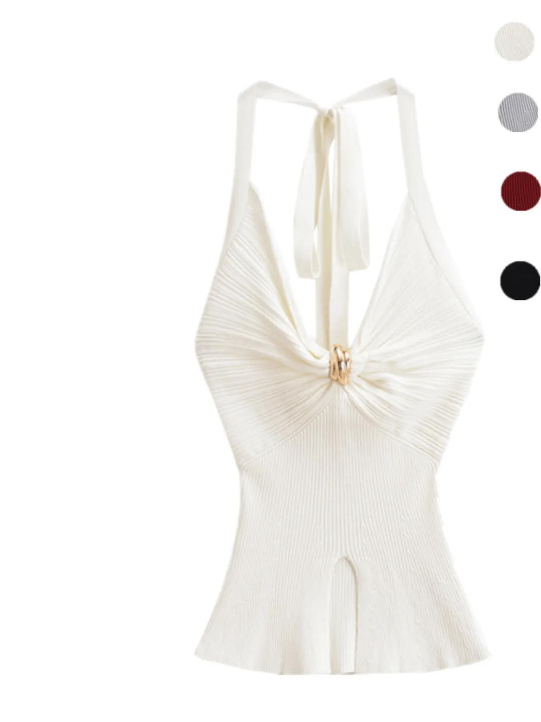 Sexy Knitted Vest Pure Desire Sle V-Ne Slit Metal Bule oulder Bared Belted Slim Fit Hanging Strap Top for Women