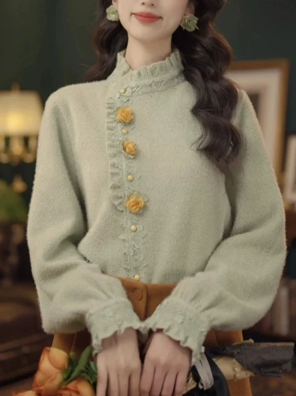 

Retro Large Size Lace Trim Stand Collar Thickened Long Sleeve Shirt Women's Spring New Style Hong Kong Style Versatile Trendy...