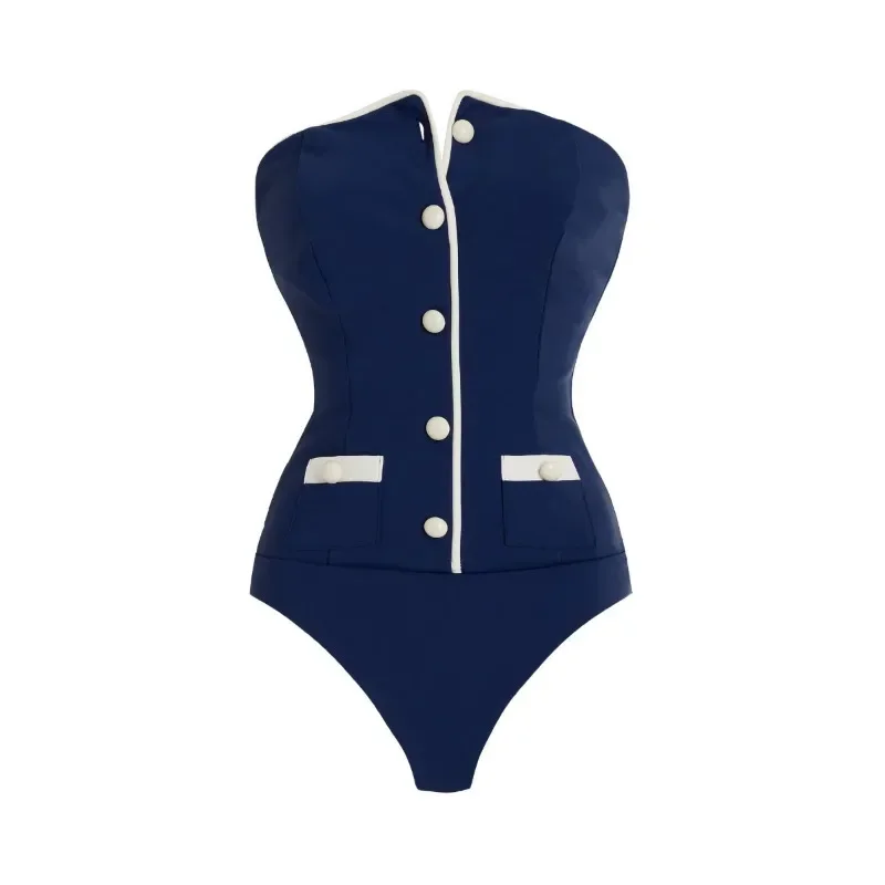 Nuovo costume da bagno Nuovo set di costumi da bagno interi semplici senza spalline blu scuro per le donne estive in magazzino