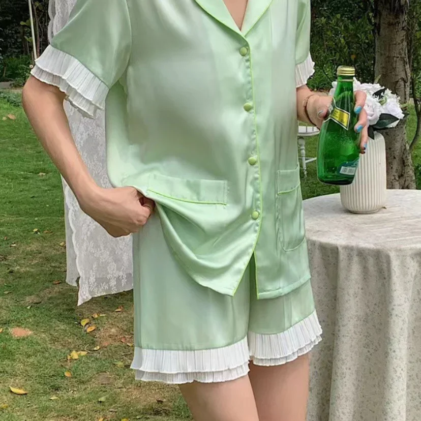 

Летняя милая одежда для сна с рюшами, женский пижамный комплект из 2 предметов, домашняя одежда, пижамный костюм с короткими рукавами, свободная шелковая атласная одежда для дома, нижнее белье