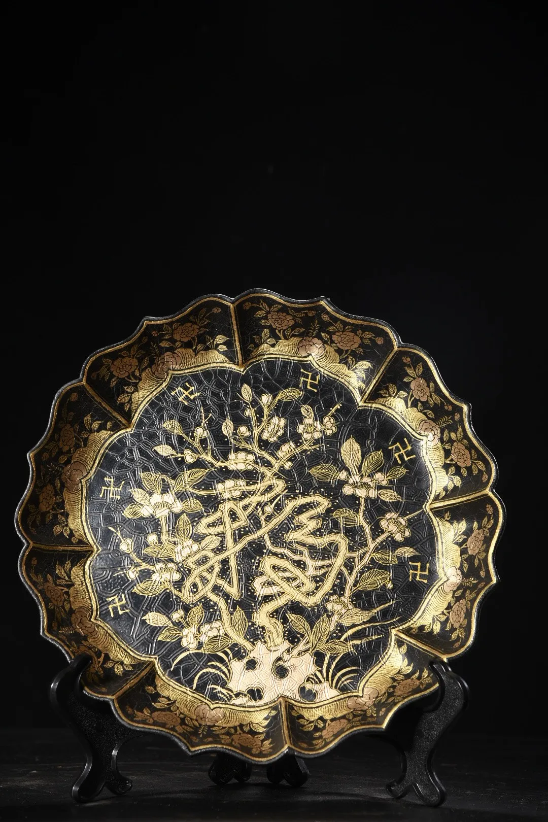 

12"Tibetan Temple Collection Old Wood Lacquerware Outline in gold Orange Peel Texture Fu Longevity Appreciation Plate screen