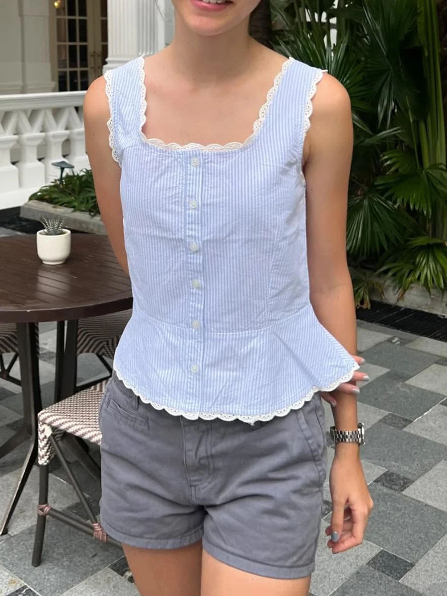 الدانتيل تقليم الأزرق مخطط تانك القمم المرأة الصيف واحدة الصدر ساحة طوق بروتيل الحلو عادية بسيطة أكمام المحاصيل القمم Y2k