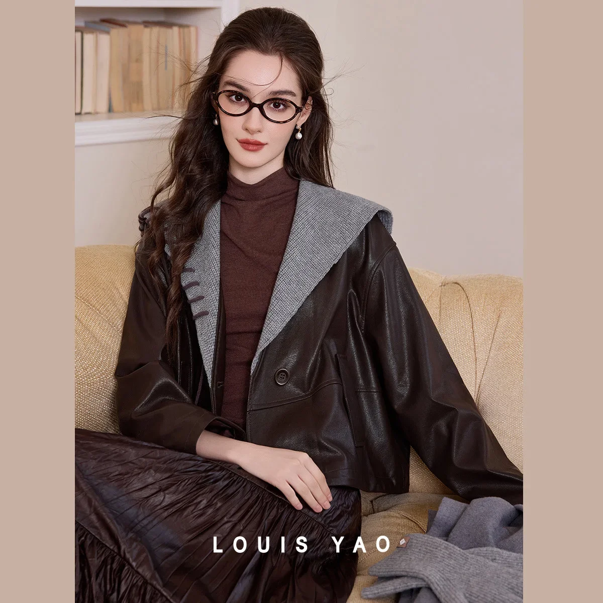 LOUIS YAO Faux Leather Retro Women's Jacket 2026 Autumn Modern Stylish Soft Woolen Splicing Color Block Turn-down Collar Jacket