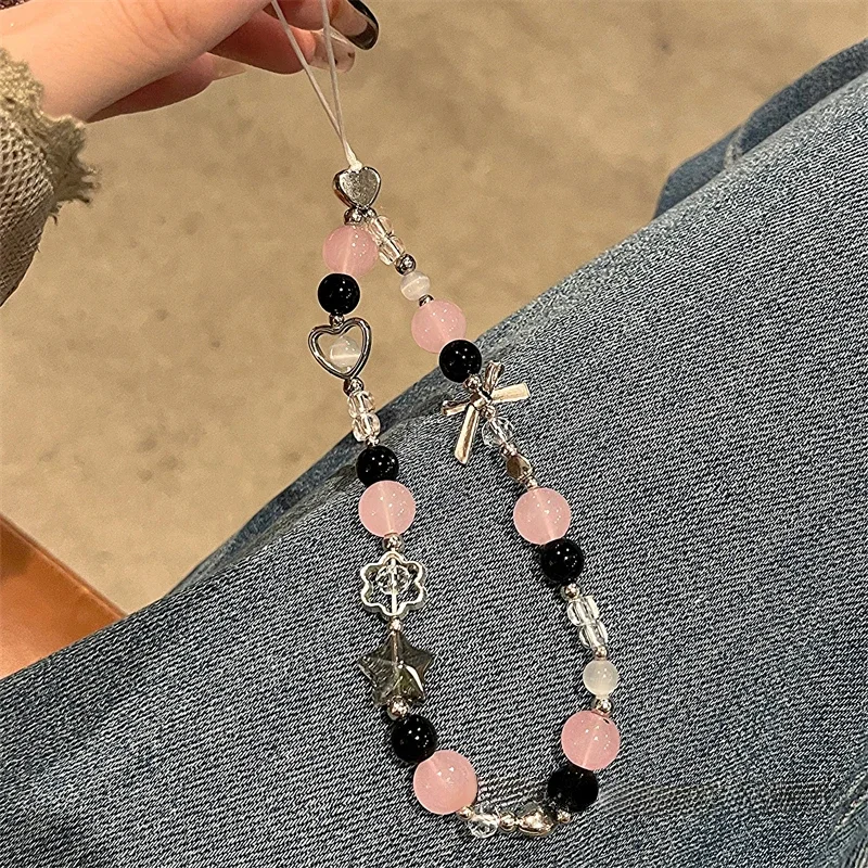 Korean Y2K Lovely Flower Heart Star Beaded Phone Chain Charm Lanyard For iPhone 16 Samsung Universal Accessories Jewelry Pendant