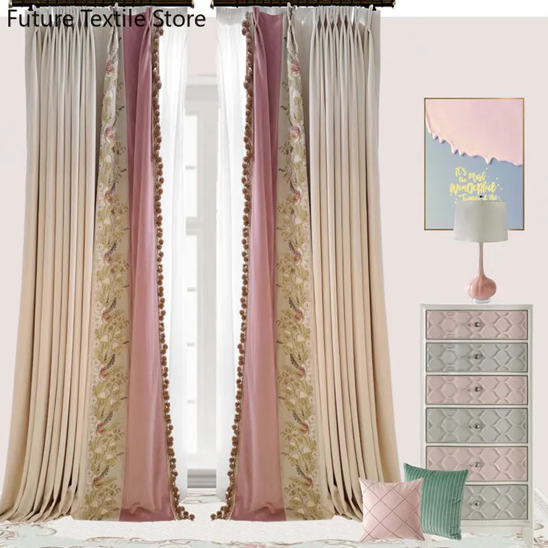 

High-end pink princess style embroidery patchwork curtains for living room and bedroom Curtains for Living dining room bedroom