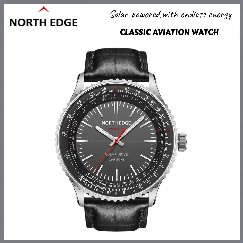 NORTH EDGE Pilot Series Men Watch Aviation Military Solar Powered Stainless Steel Case Leather Strap Premium For Bussiness Watch