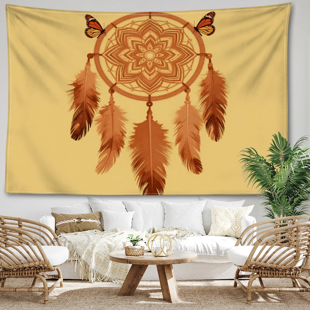 Yellow Dream Catcher Butterfly Feather Wall Tapestry, Boho Home Decor