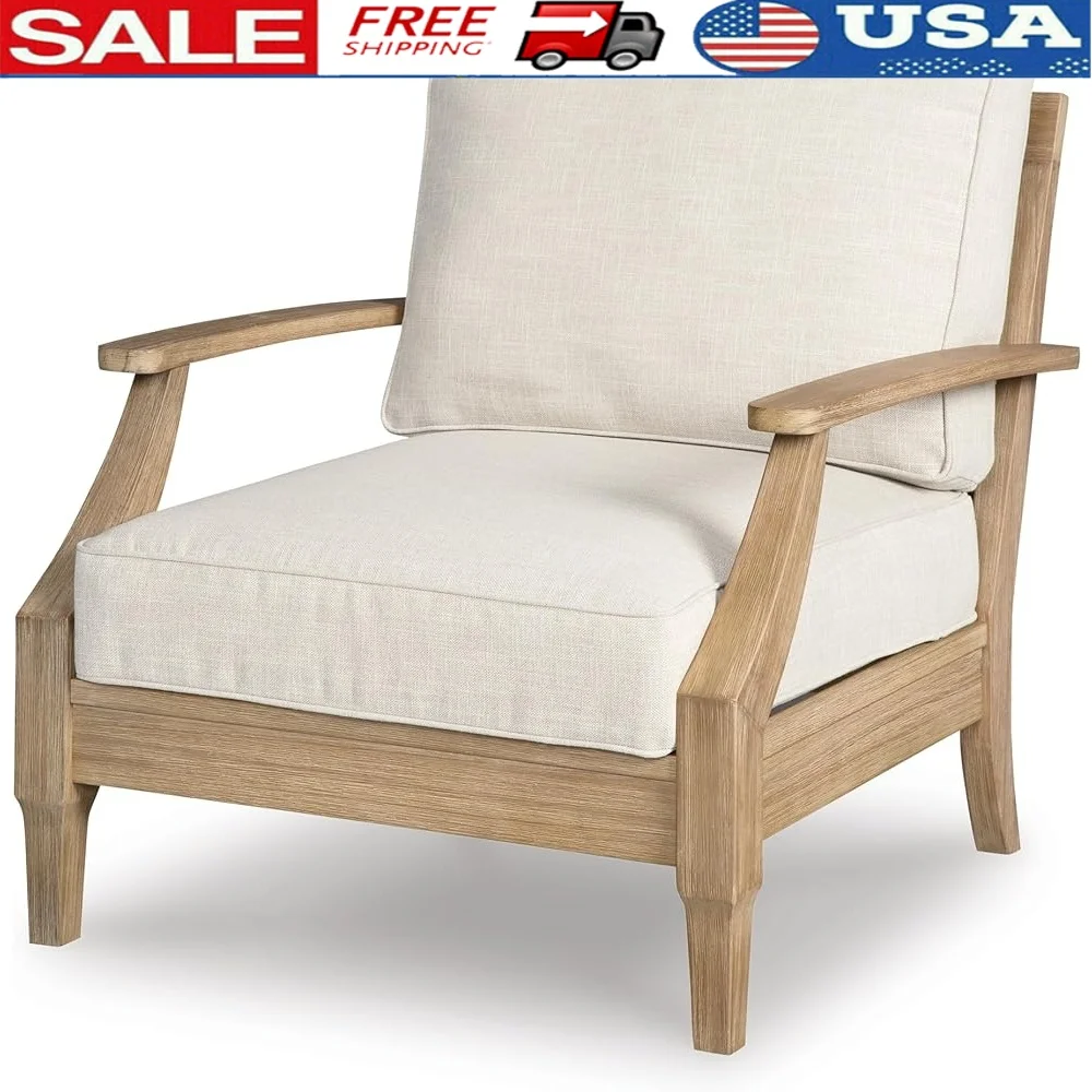 

Durable Eucalyptus Patio Lounge Chair with Cushion Outdoor Furniture Easy Clean UV Resistant Fabric Assembly Required