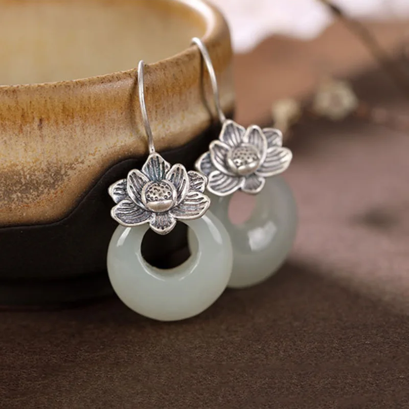 Natural Hotan Jade Eardrop Round Vintage Lotus earrings for women Classic Style Charming new in 925 Silver Jewelry gift