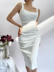 Tangada 2024 Women Yellow Sexy Strap Party Dress Vintage Sleeveless Female Knee Dresses 2B008