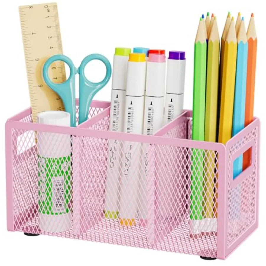 Mesh Pen Holder for Desk, Pencil Holder Desk Organizer 3 Adjustable Compartments, Pencil Cup with Handle Perfect for Classroom,