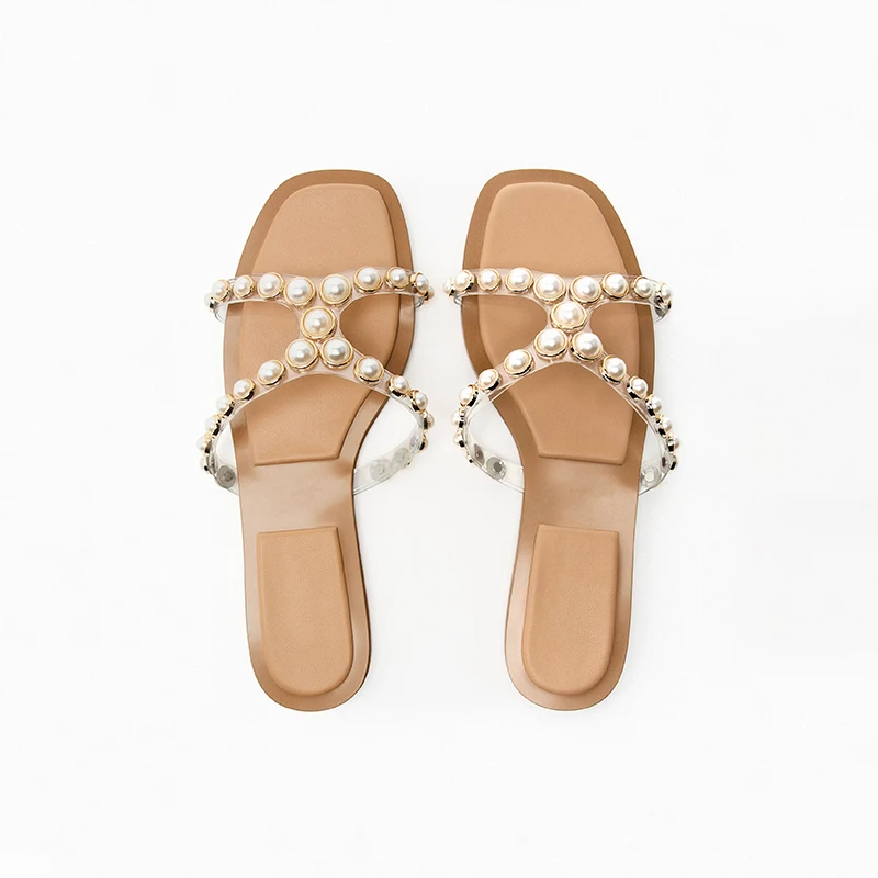 Flats Flip Flops Shoes Woman 2026 Summer New Handmade Pearl Flat With Slippers Women's Sexy Transparent Belt Roman Sandalias