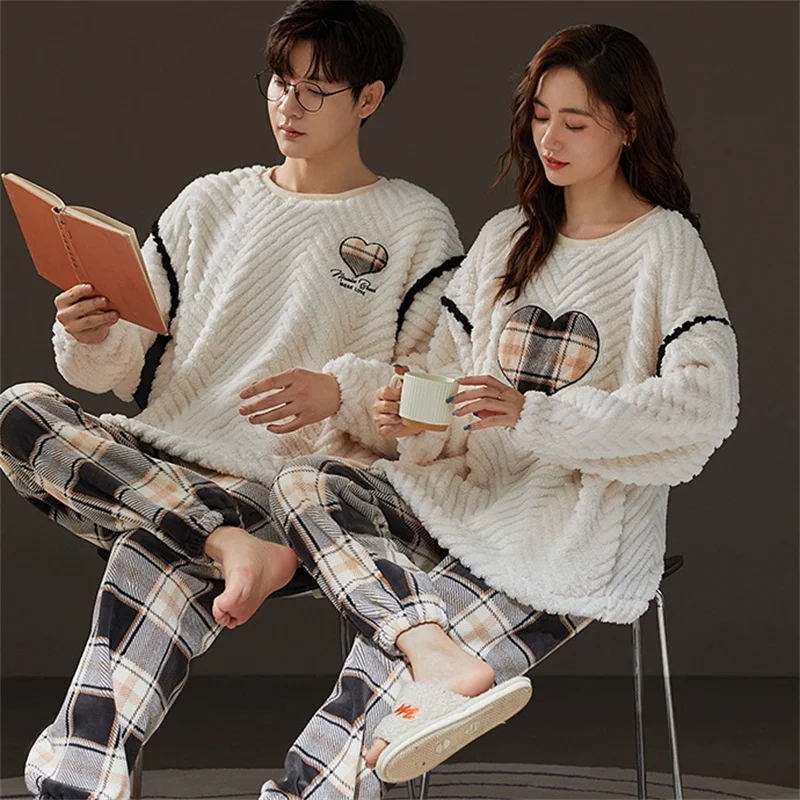 Autumn Winter Men\'s and Women\'s Pajamas Thickened Coral Fleece Pullover Warm Winter Plush Sleepwear Men\'s Home Clothes