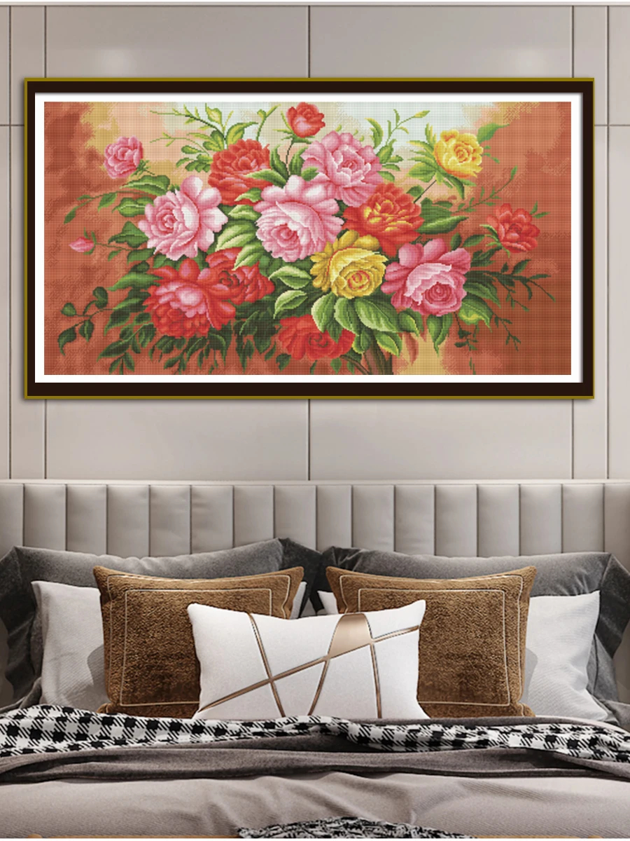 Peony Flower Cluster Cross Stitch DIY Embroidery Kit Home Fashionable Decorative Painting 11CT 9CT Printed Needlework Pack Set