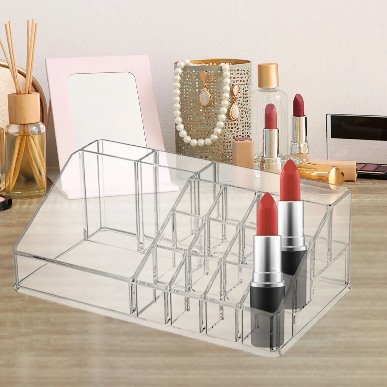 Organizador de maquiagem com 16 espaços, decoração para cômoda, bancada, suporte de armazenamento, batom, brilho labial, organizador