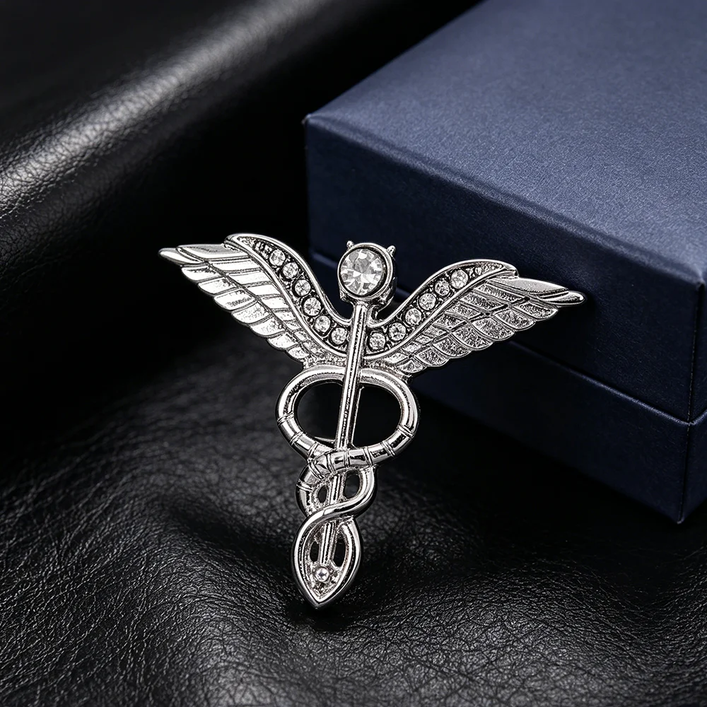 Large 3.2CM Caduceus Brooch Pin Lapel Badge Men\'s Rod of Asclepius Emergency Crystal Medical Staff Badge