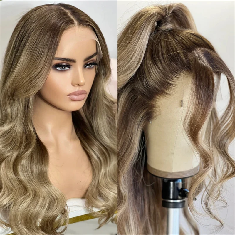 

Free Part Wig Ready To Ship Wigs 13x4 Synthetic Lace Front Wig Highlighted Ombre Brown Blonde Lace Front Wig Preplucked Hairline