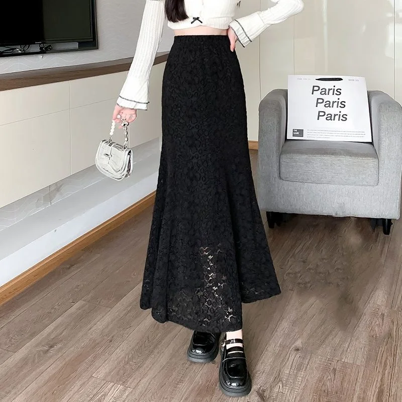 Francês elegante renda mais veludo nádega fishtail saia outono inverno nova moda chique jacquard oco saia longa xq118