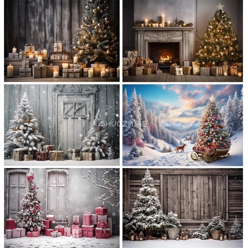 Christmas Tree With Wooden Floor Photography Backdrops Pinecones Snow Fireplace New Year Winter Holiday Party Background DT-24