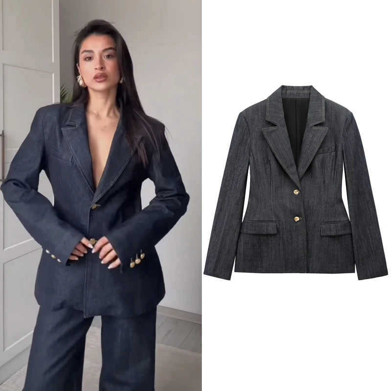 

TRAF Women's Elegant Denim Blazers 2025 Women's Spring Long Sleeve Jackets Fashion Casual Plus Size Blue Coats New In Outerwears