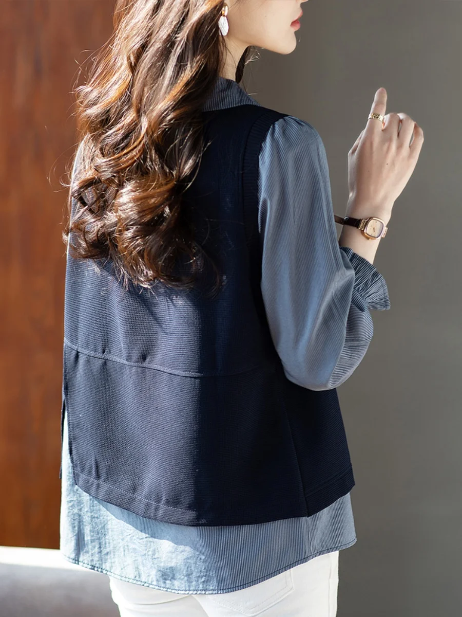 Vorfrühling künstlerische Kontrastfarbe Streifen Spleißen gefälschte zweiteilige lange Sve irt Kragen Top für Plus Size Frauen trendig