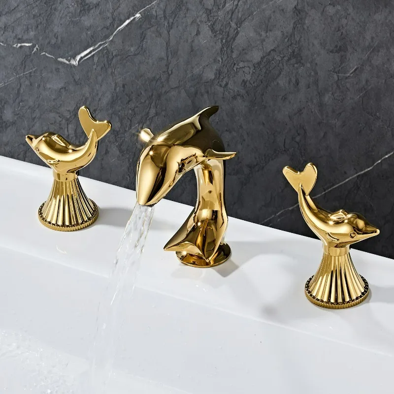 All-copper Gold Bathroom Faucet with 2 Dolphin Handlehot and Cold Double Handle Three-hole Faucet for Bathroom Sink or Bathtub