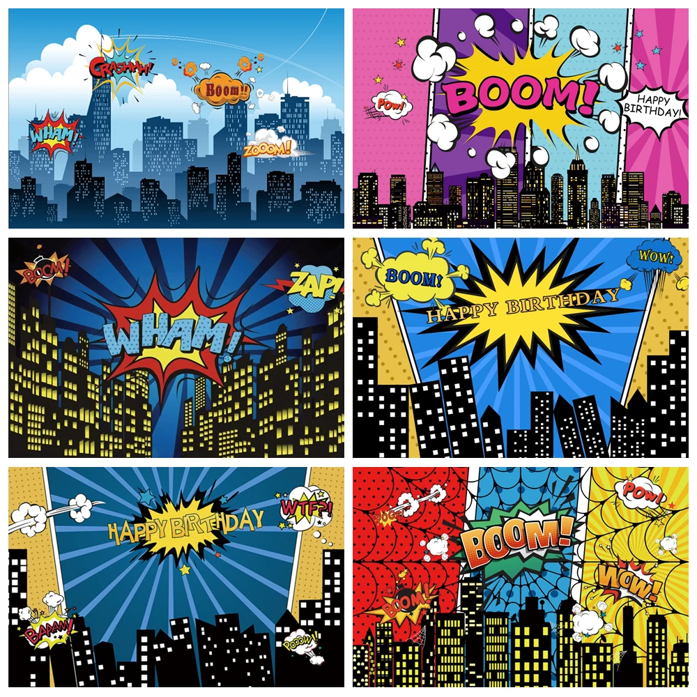 

Superhero City Building Photography Background Baby Shower Boy Birthday Party Super Hero Comic Custom Backdrop For Photo Studio
