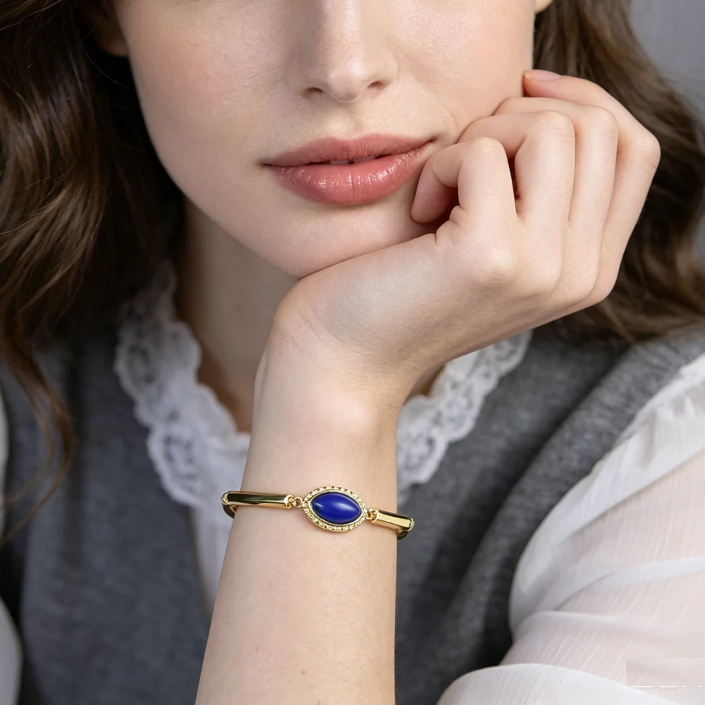Trendy Gold Plated Blue Eyes Same Series Hexagonal Bamboo Chain Bracelet Vintage Elegant Women's Necklace Party Jewelry Gift
