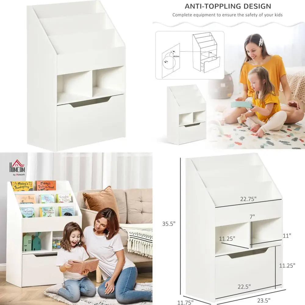 

Children's Multi-Tier Bookcase with Storage Drawer, Playroom Organizer, White