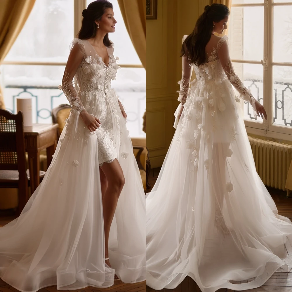 

Customized Temperament Organza V-Neck Evening Dress Graceful Long Sleeves Prom Dresses Fashion Flowers Special Occasion Gowns