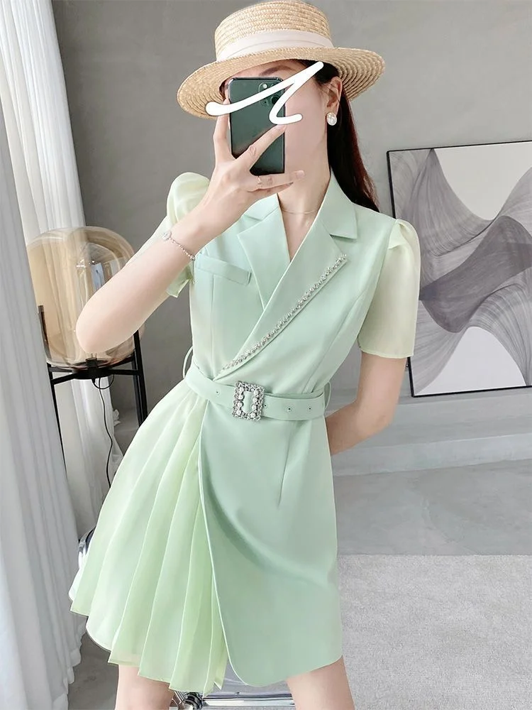 

Design Sense Turquoise Chiffon Suit Dress Women's Summer Temperament Short Sleeve Reduced Age Pleated Skirt Elegant Fashion