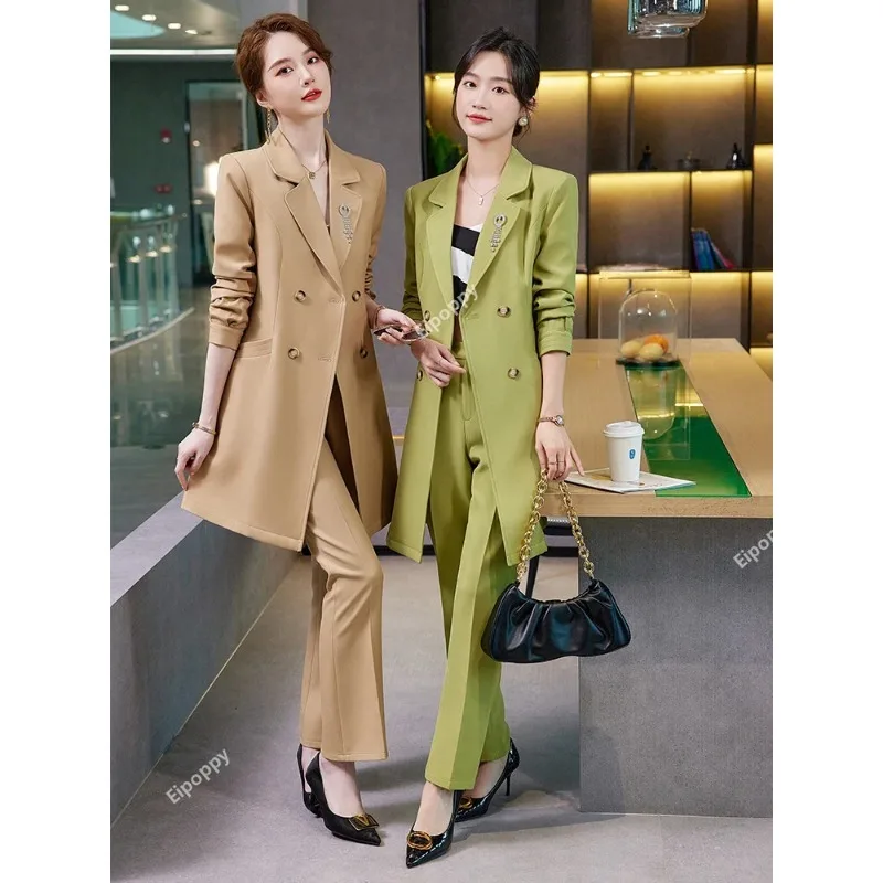 2024New Women 2 Piece Office Blaze Set Winter Autumn Wear Pant Suit Ladies Long Blazer Jacket + Trouser Formal Professional Sets