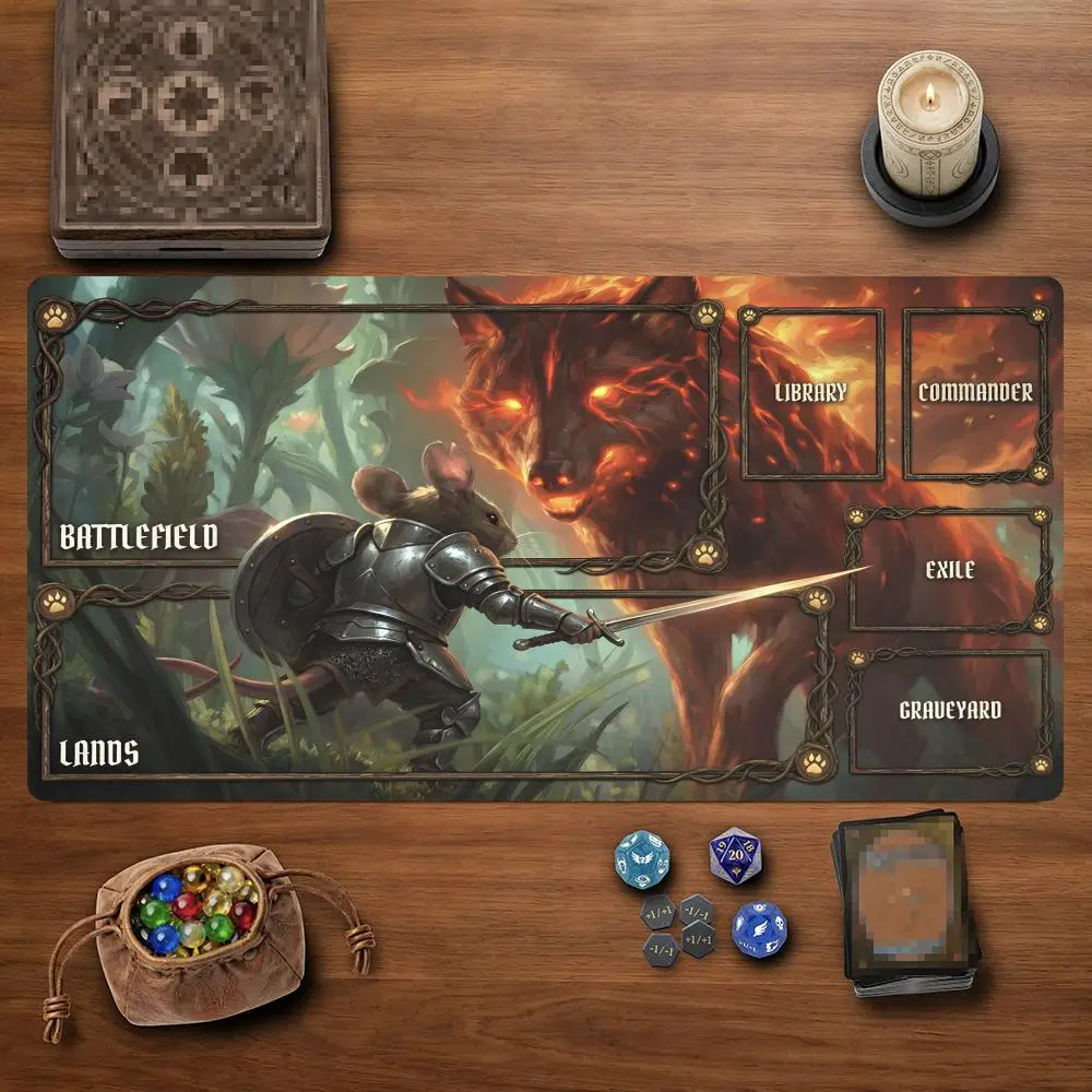 Armored Mouse Knight Fiery Wolf Zoned Playmat MTG&TCG Tabletop Game Mat Magic Party Playmat Durable Rubber Games 35X60 Mouse Pad