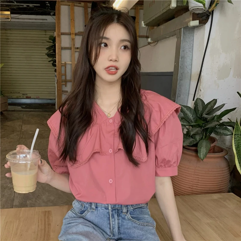 White Retro Shirt Women Summer Chic Puff Sleeve Loose Top Korean Fashion Harajuku Lace Patchwork Peter Pan Collar Female Blouse