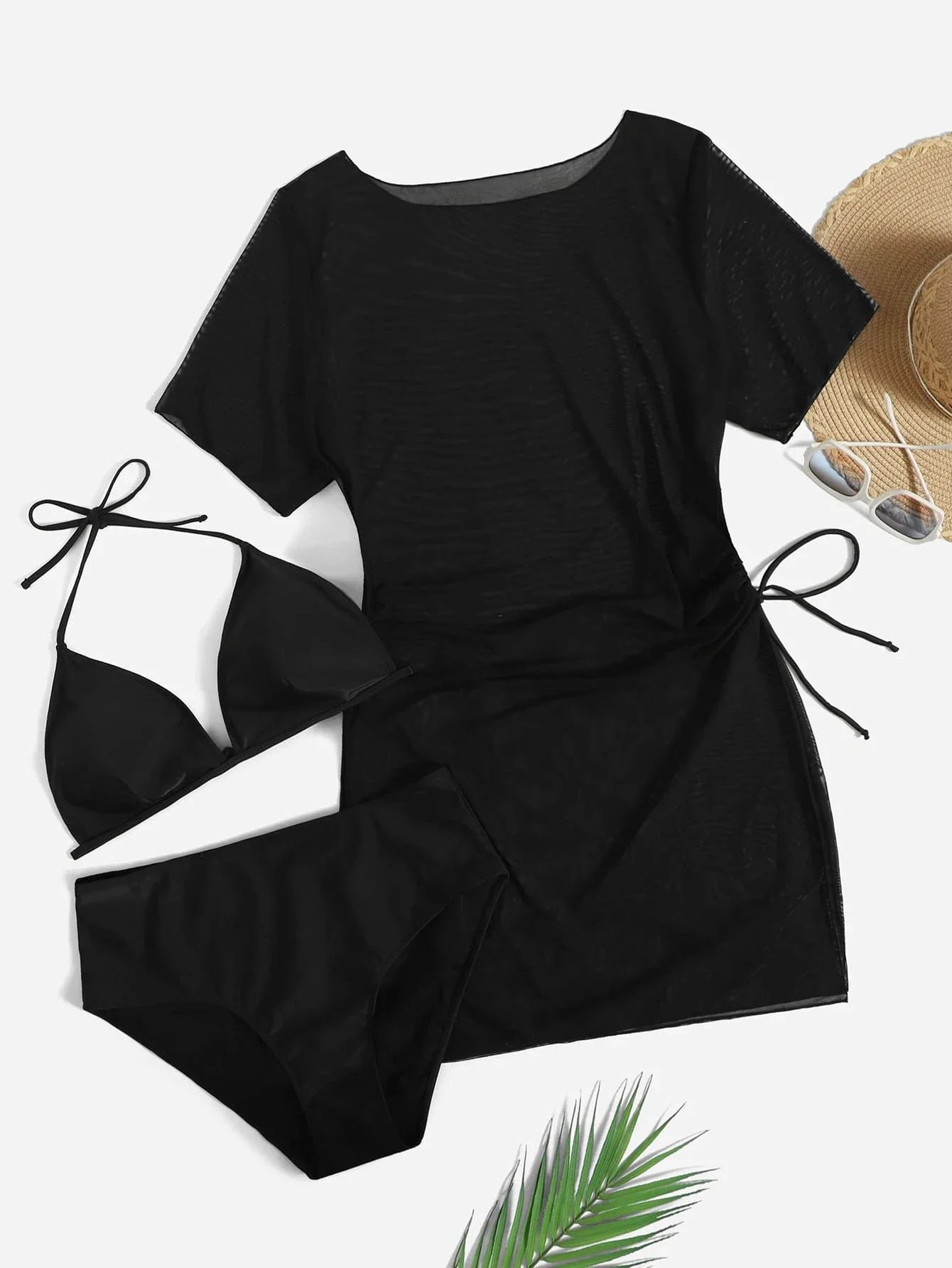 

Black Solid 3 Piece Bikini Set With Cover Up Dress Halter Triangle Bra High Waisted Bottom