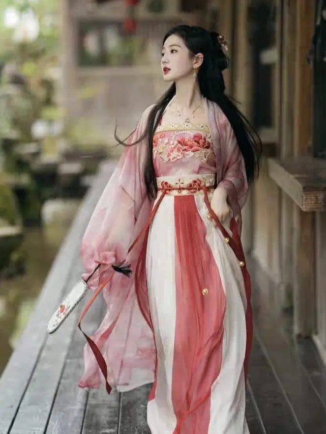 

Song Dynasty Hanfu Dress Floral Embroidered Long Shirt Camisole Pleated Skirt Set Chinese Style Traditional Costume