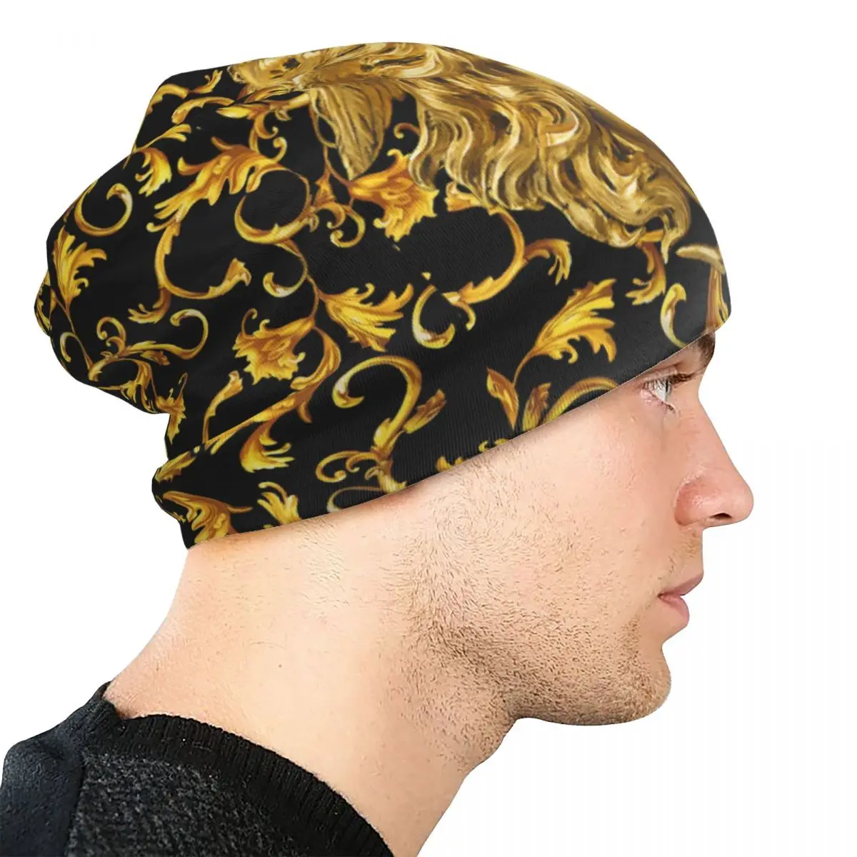 Gold Baroque Print Luxury Skullies Beanies Medusa Greek Mythology Bonnet Hats Men Hip Hop Warm Multifunction Bonnet Knit Hat