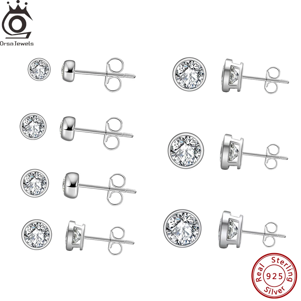 ORSA JEWELS Rhodium 2/3/4/5/6/7/8mm Genuine 925 Sterling Silver Mini Round Zircon Stud Earrings Crystal Piercing Ear Stud APE33