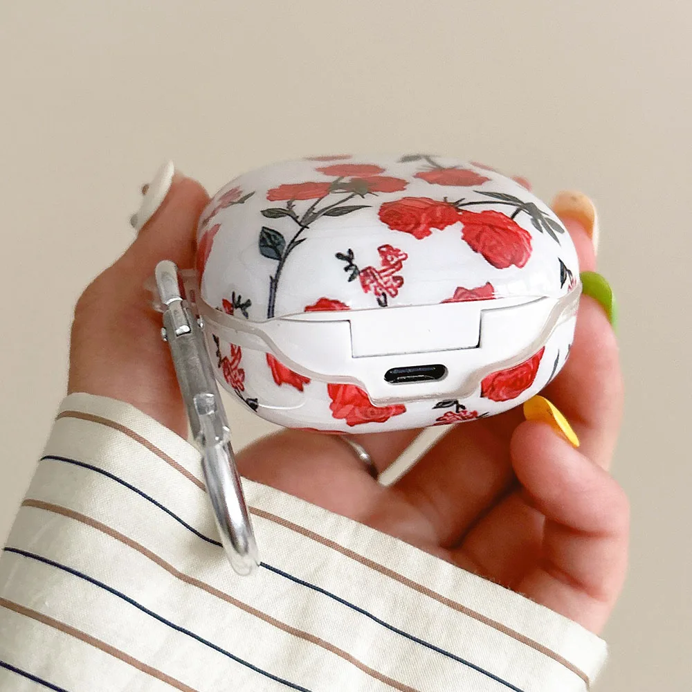 حافظة كورية باللون الأحمر الوردي لهاتف سامسونج جالاكسي Buds FE Buds 2 Pro مضادة للخدش على شكل زهرة غطاء سماعة أذن لهاتف Galaxy Buds Live 2 Pro