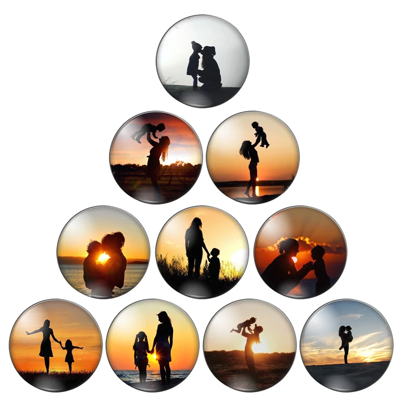 Love Mother son Hand in hand sunset Art Pattern 8mm/12mm/20mm-40mm Round photo Glass Cabochon demo flat back Making findings