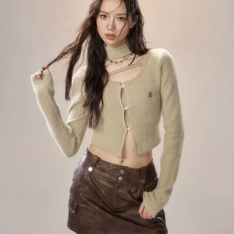 

MiiiiX Casual Style Hot Girl Fake Two-piece Cardigan Women's 2024 Autumn Solid Color Scarf Lace-up Design Short Cardigan Sweater