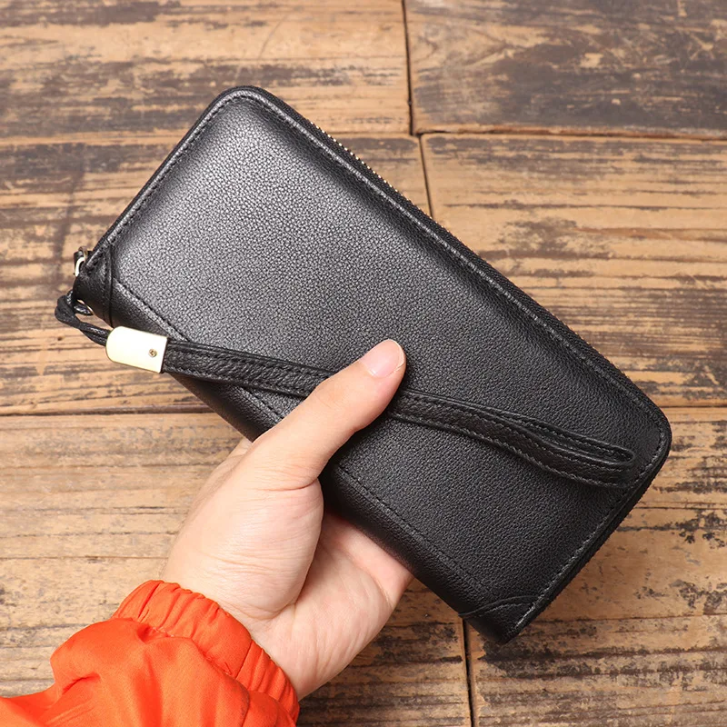 New Men's Zipper Wallet Genuine Leather Long Coin Purse Multi-card Card Bag Handbag