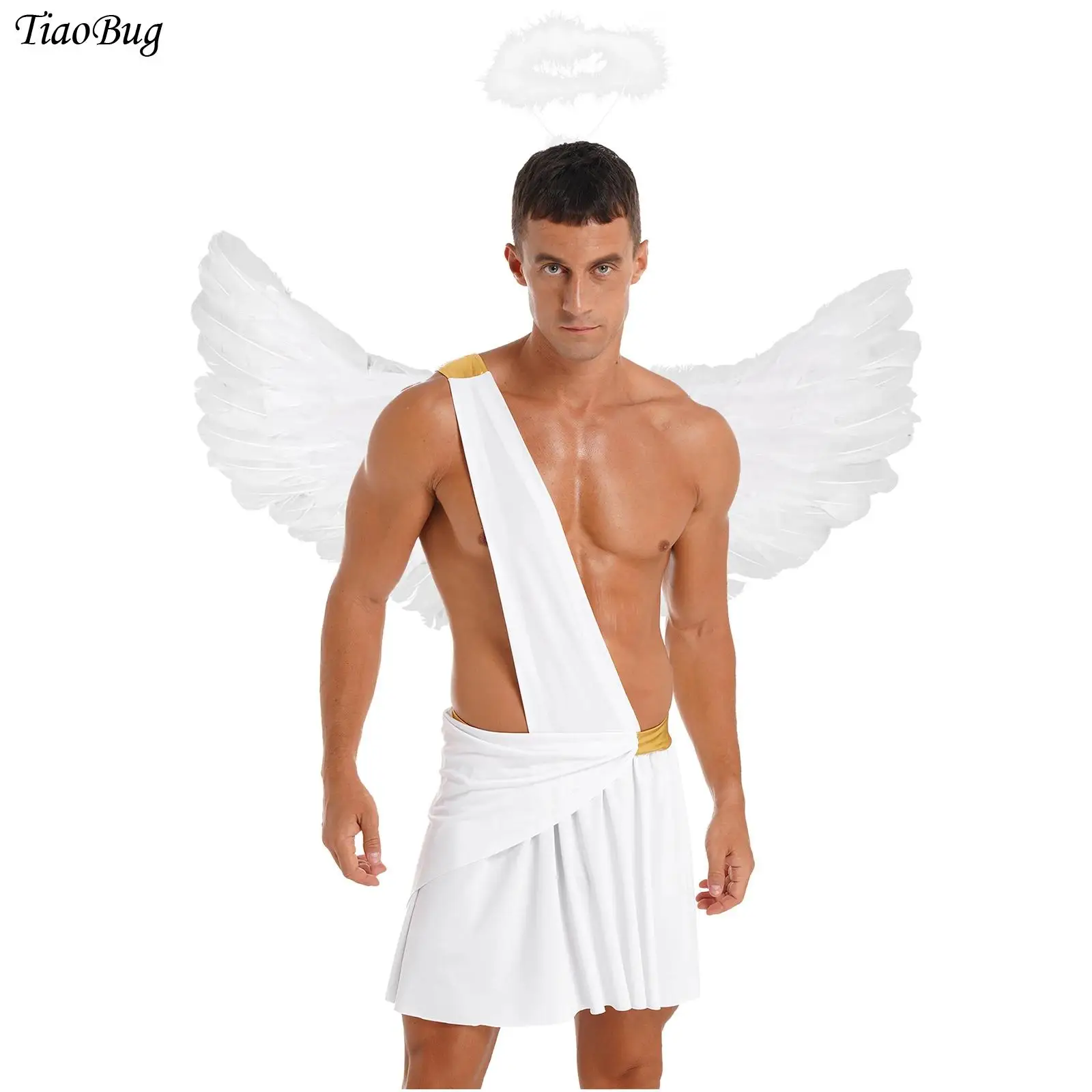 

Men Ancient Greek God Costume One Shoulder Robe Skirt with Feather Angel Wing Hair Hoop Halloween Cosplay Knight Warrior Outfits