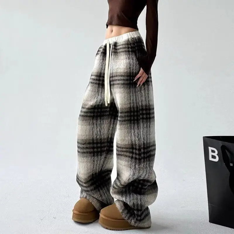 Plaid Wide-leg Pants For Women In Autumn Winter New Style Lazy Drape Loose Straight Casual Pants