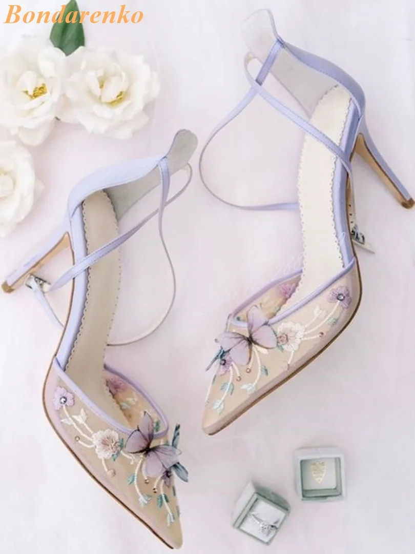 Sexy Butterfly Mesh Sandals New Style Buckles Straps Pointy Toe Women Sandals Designer Shoes Chunky High Heels Printed Summer