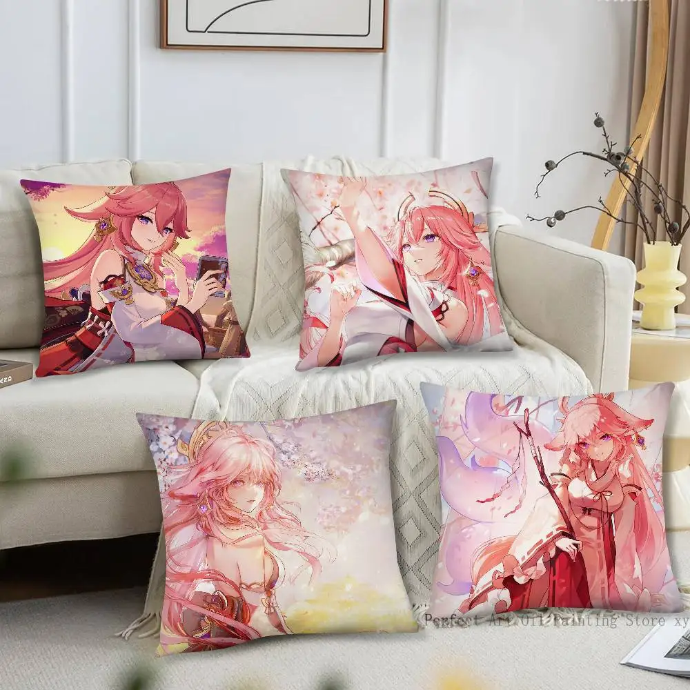 Yae Miko Animation Game G-Genshin I-Impact Pillow Case Fashion Square Pillowcase Bedroom Sofa Room Ins Decoration Leisure