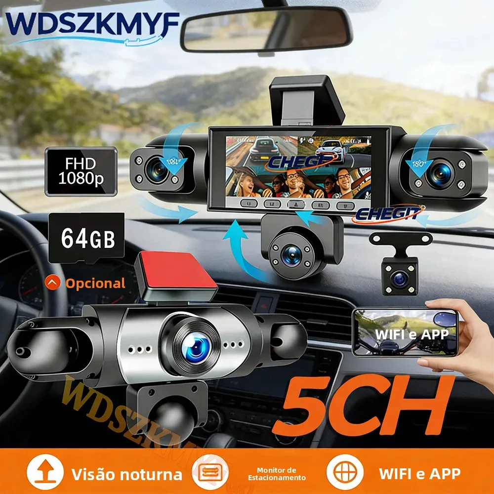 Nova câmera veicular 5Lens Dash Cam 360 ° Gravador de vídeo 1080P com WIFI, aplicativo, câmera DVR para carro, gravação frontal, lateral esquerda, lateral direita, visão traseira, câmera automática de 4 canais.