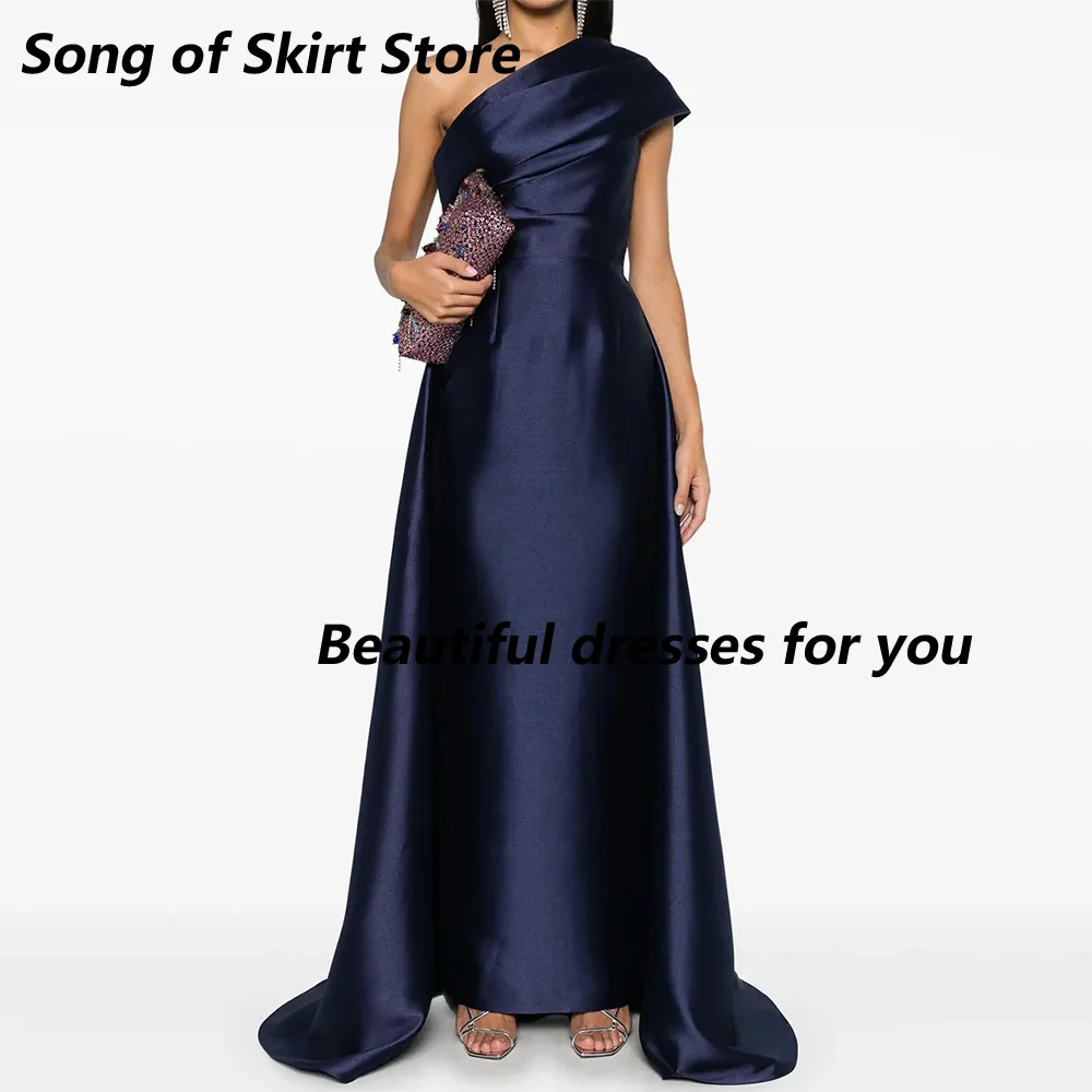 

Navy Prom Dress with Detachable Train Customized One Shoulder Pleated Satin Mermaid Evening Gown Formal Party Dresses
