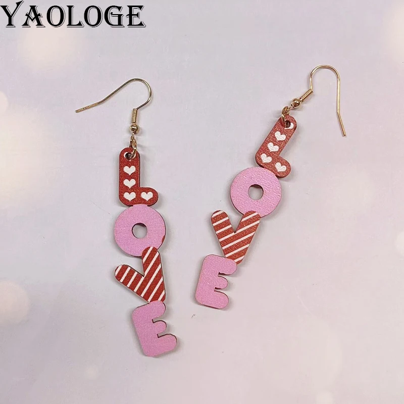 YAOLOGE 2025 Valentine's Day Gift Wood Red Pink LOVE Letter Earrings For Women Fashion Cartoon Long Eardrop Accessories Jewelry